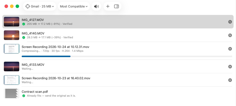 SizeFit on Mac compressing a batch of videos, each row showing its progress.
