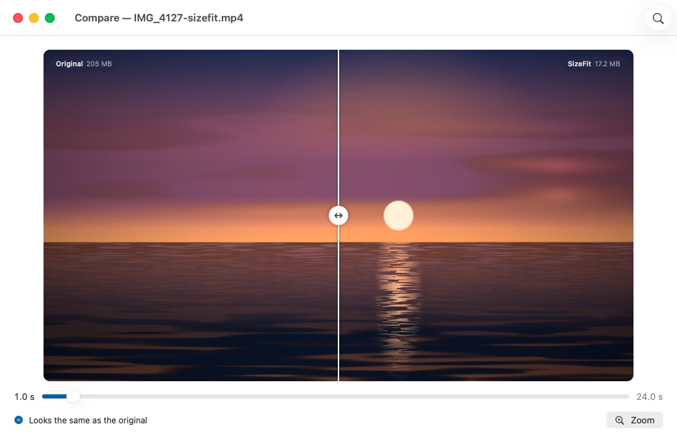 Compare window: the original and the compressed frame of a sunset, split by a divider you drag, labelled Looks the same as the original.