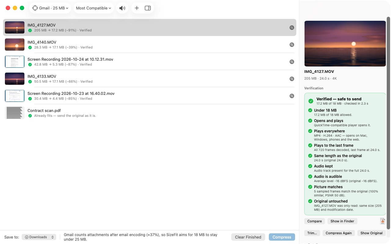 SizeFit on a Mac: a batch of videos compressed for Gmail, each marked Verified, with the full verification slip in the inspector.