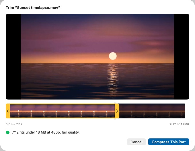 Trim sheet: a filmstrip with yellow handles and a marker where the selected part stops fitting the limit.